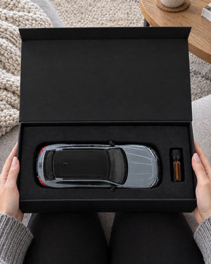 Hands holding the open MistGarage box with a grey Audi RS6 ABT and essential oil
