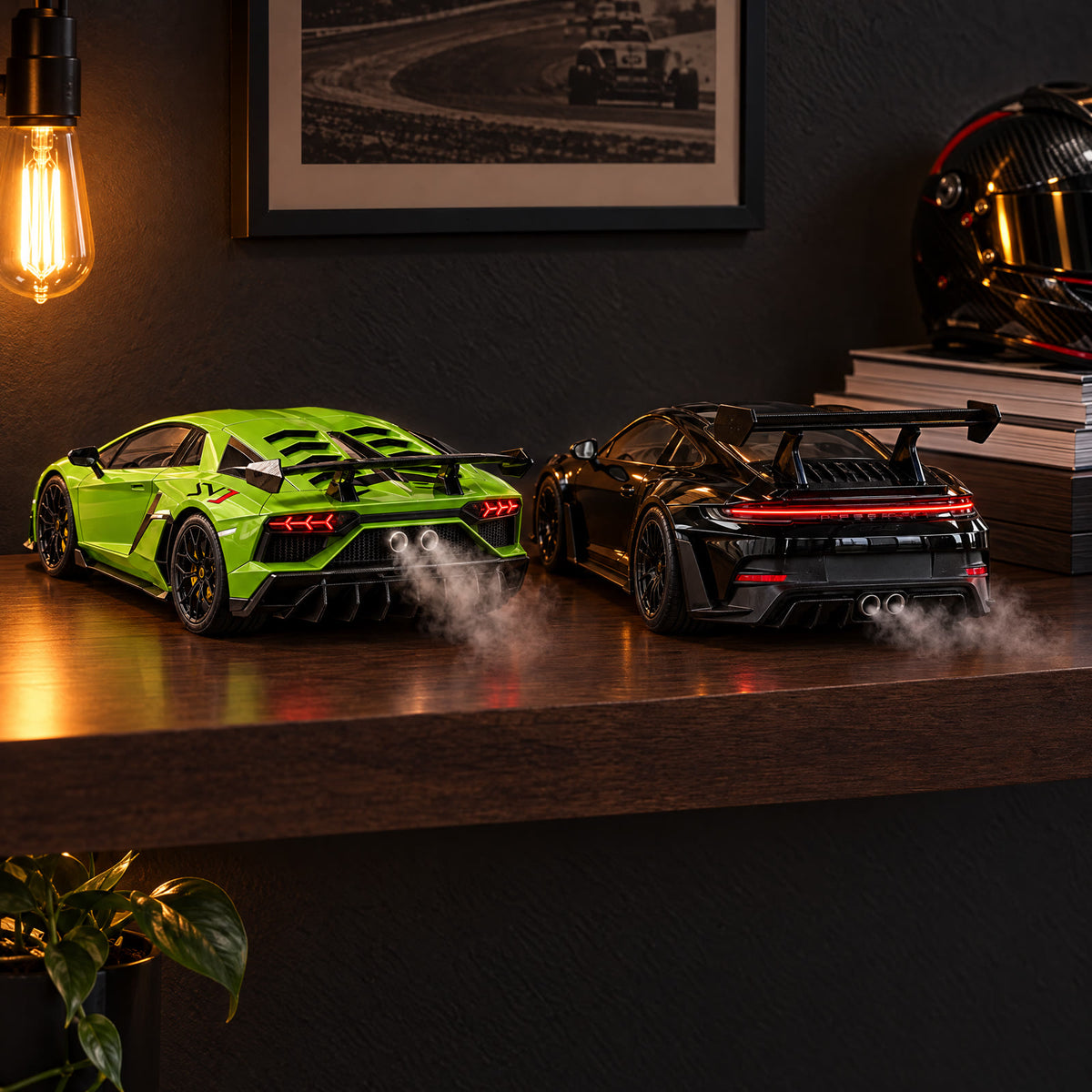 MistGarage model cars with mist coming out of the exhaust